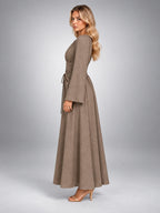 Women's Long Sleeve Midi Dress – Gathered Waist - Taupe