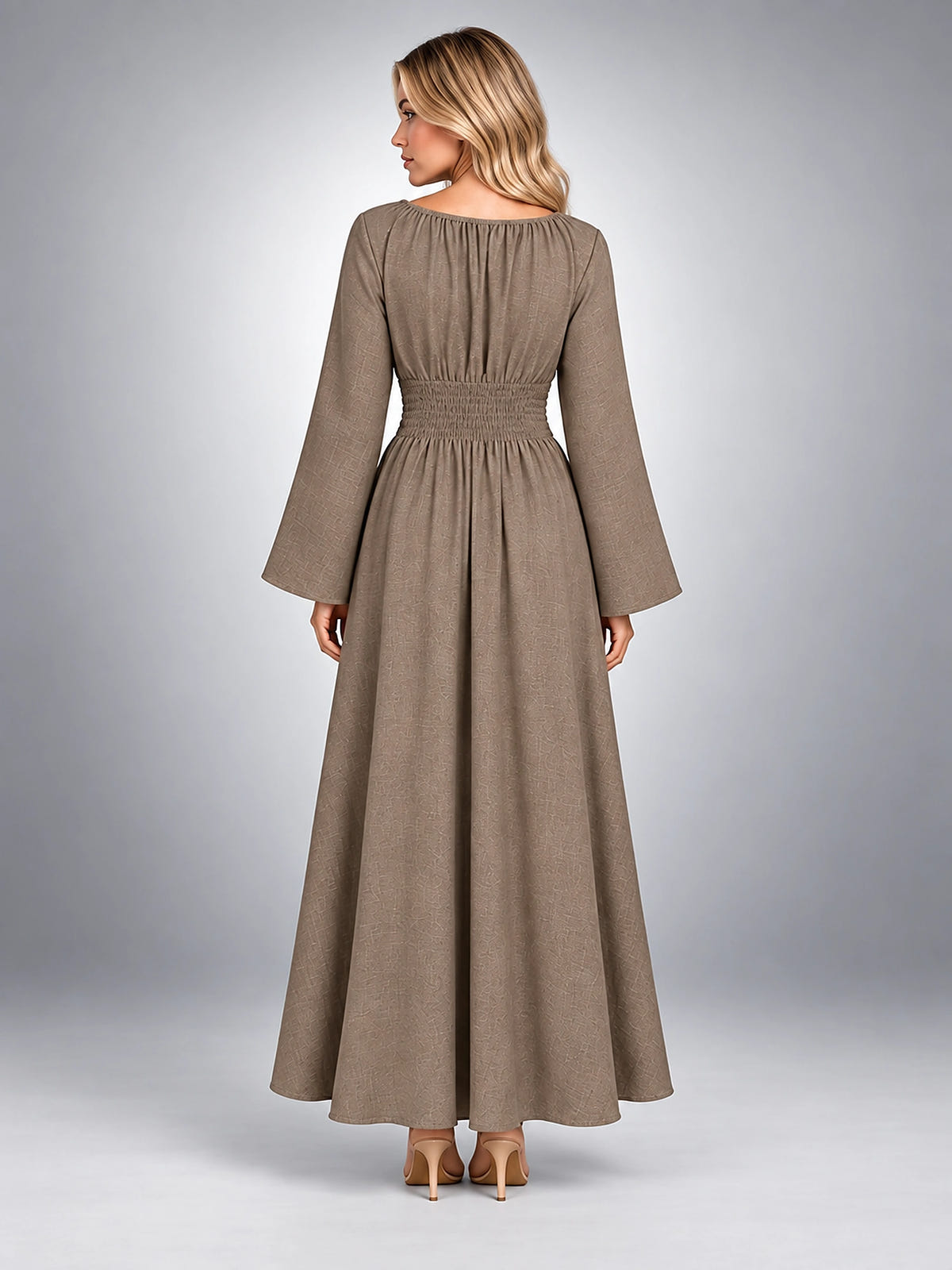 Women's Long Sleeve Midi Dress – Gathered Waist - Taupe