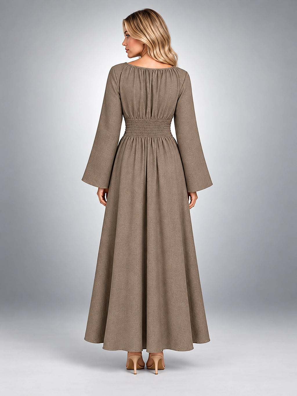 Women's Long Sleeve Midi Dress – Gathered Waist - Taupe