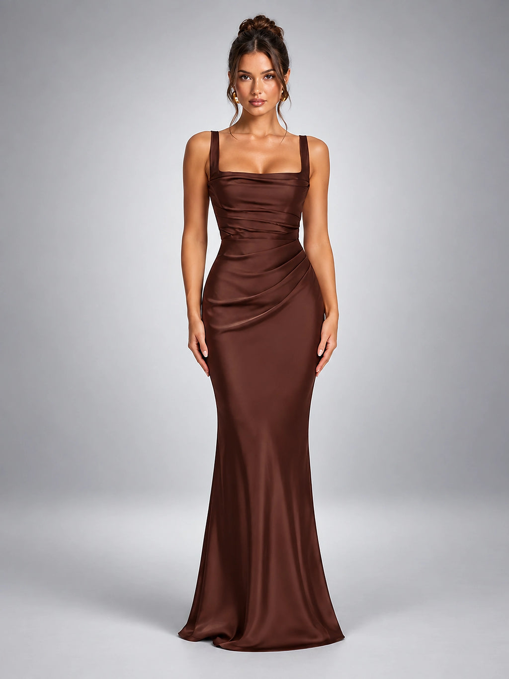 Women's Satin Maxi Dress – Soft Sheen Ruched Bodice - Chocolate Brown