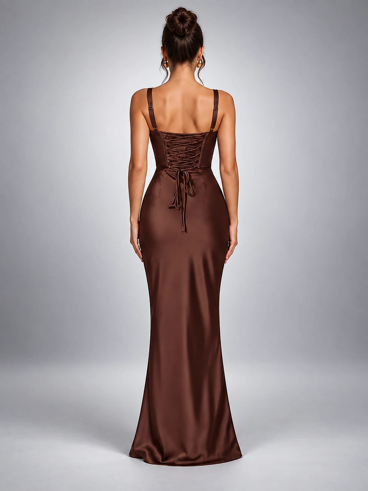 Women's Satin Maxi Dress – Soft Sheen Ruched Bodice - Chocolate Brown