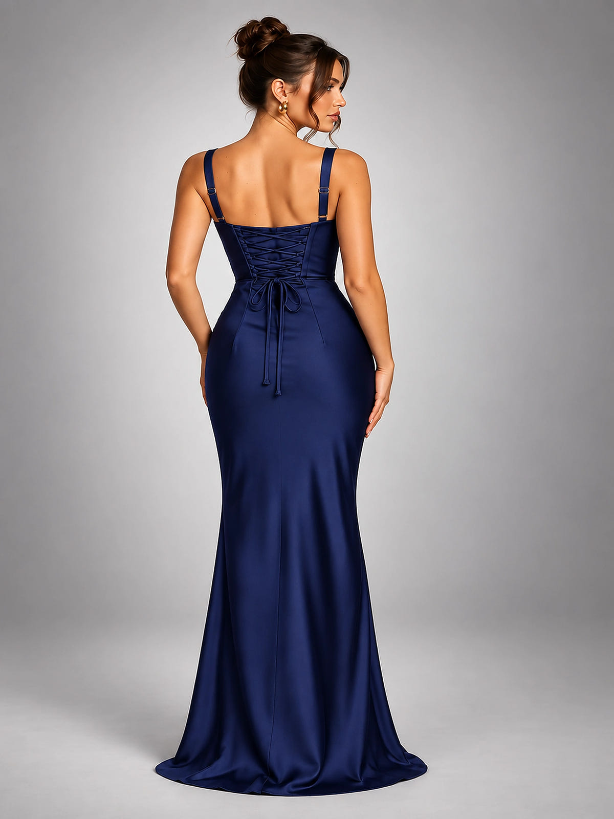 Women's Satin Maxi Dress – Soft Sheen Ruched Bodice - Navy