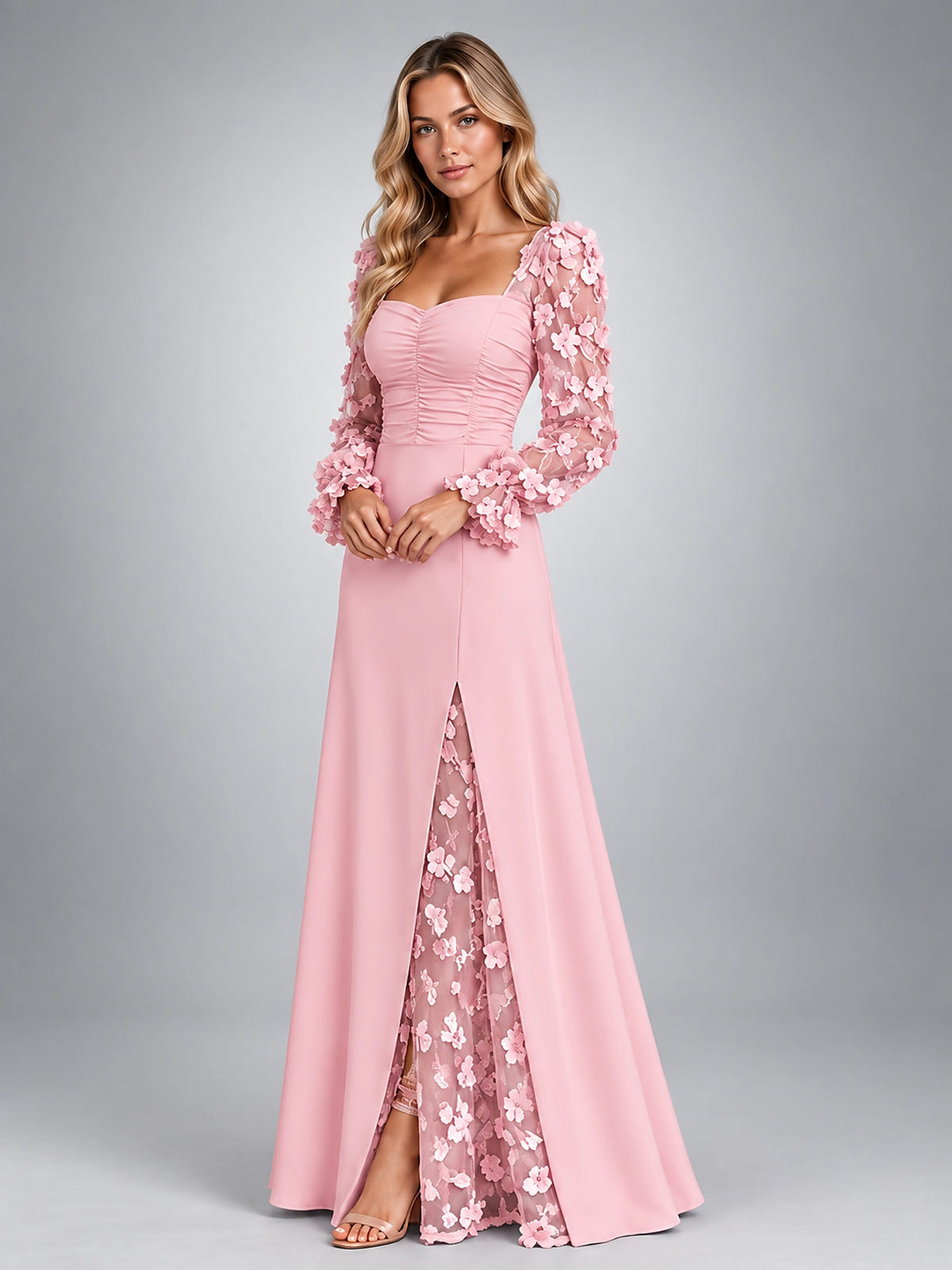 Women's Satin Maxi Dress – Floral Applique Sleeve - Blush Pink