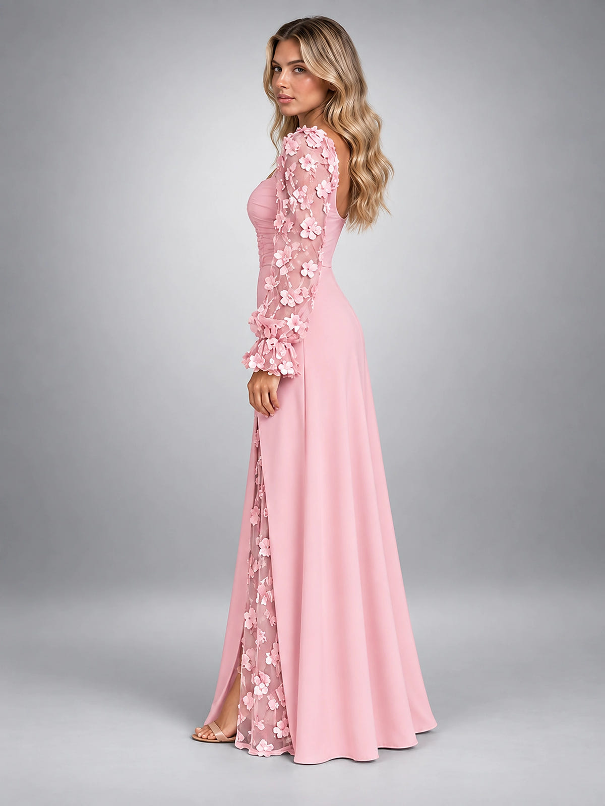 Women's Satin Maxi Dress – Floral Applique Sleeve - Blush Pink