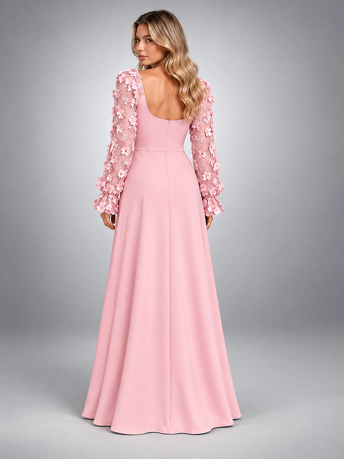 Women's Satin Maxi Dress – Floral Applique Sleeve - Blush Pink