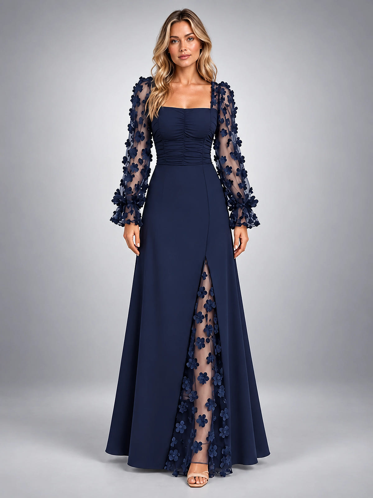 Women's Satin Maxi Dress – Floral Applique Sleeve - Navy