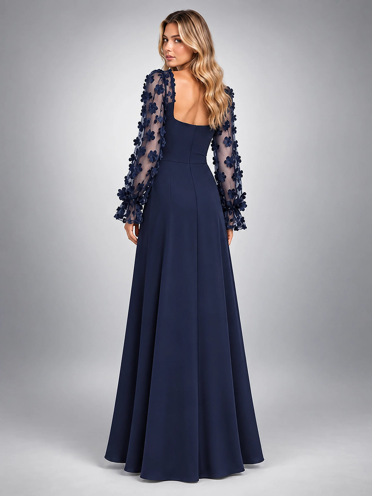 Women's Satin Maxi Dress – Floral Applique Sleeve - Navy