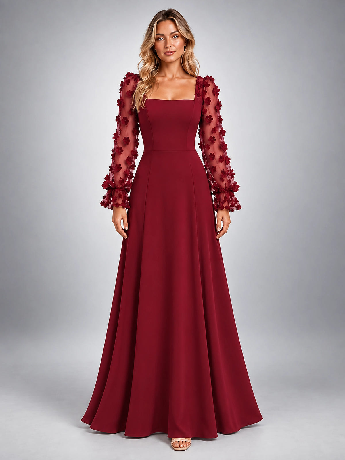 Women's Satin Maxi Dress – Floral Applique Sleeve - Burgundy
