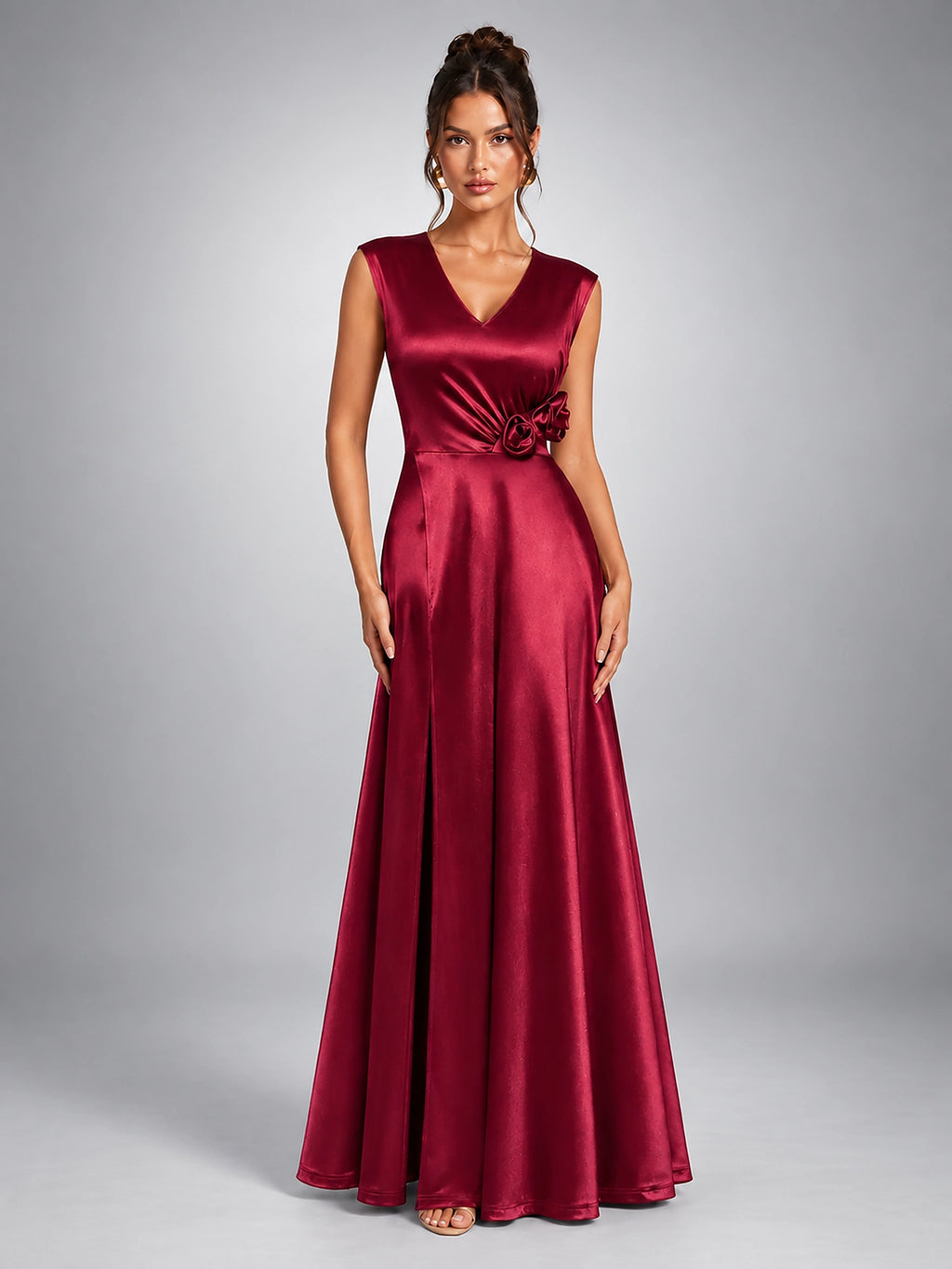 Women's Floral Waist Maxi Dress – Satin Finish - Burgundy
