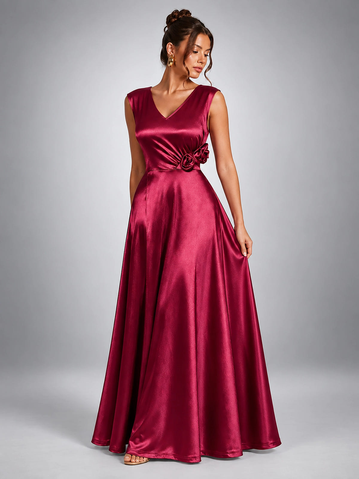 Women's Floral Waist Maxi Dress – Satin Finish - Burgundy