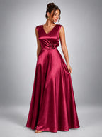 Women's Floral Waist Maxi Dress – Satin Finish - Burgundy