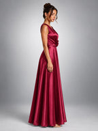 Women's Floral Waist Maxi Dress – Satin Finish - Burgundy