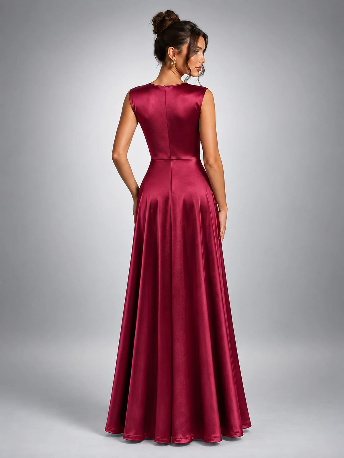 Women's Floral Waist Maxi Dress – Satin Finish - Burgundy