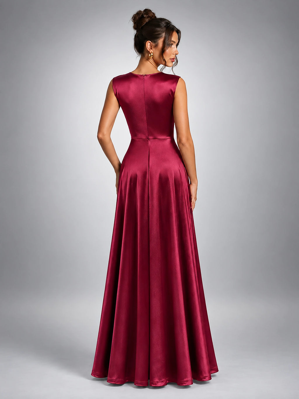 Women's Floral Waist Maxi Dress – Satin Finish - Burgundy