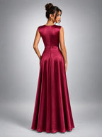 Women's Floral Waist Maxi Dress – Satin Finish - Burgundy