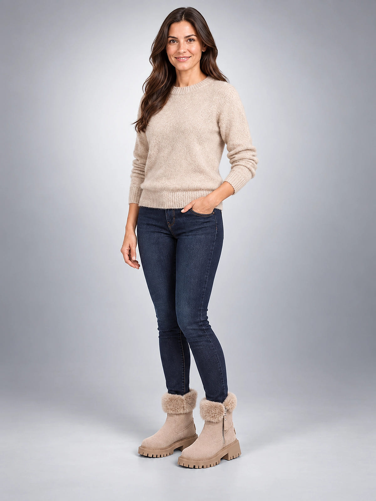 Women's Lug Sole Ankle Boots – Fur-Trim Collar - Beige