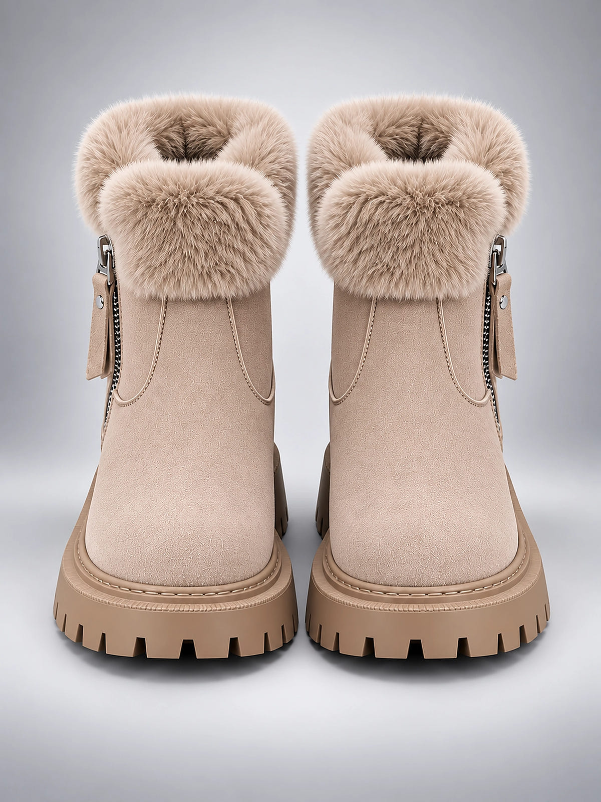 Women's Lug Sole Ankle Boots – Fur-Trim Collar - Beige