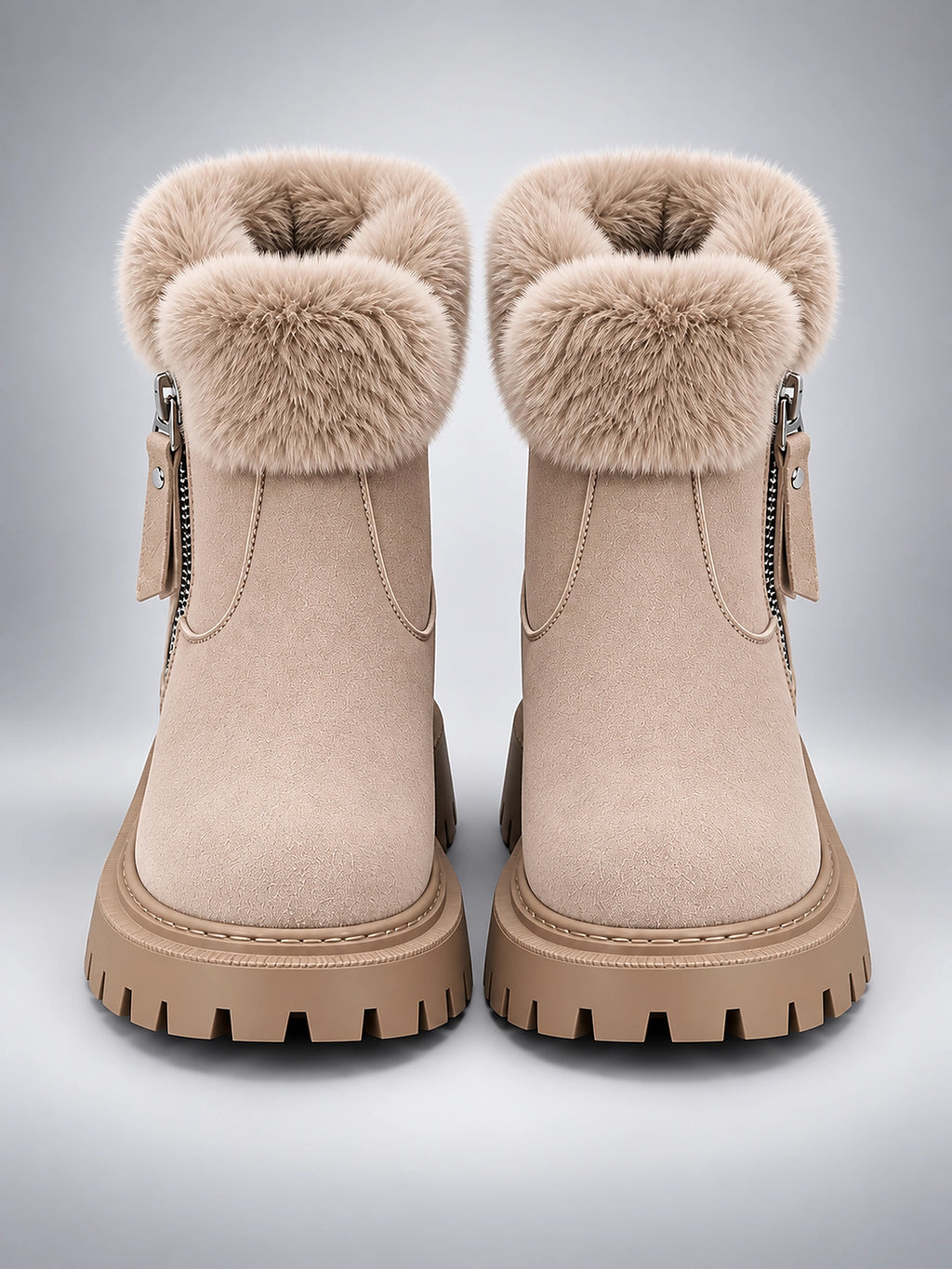 Women's Lug Sole Ankle Boots – Fur-Trim Collar - Beige