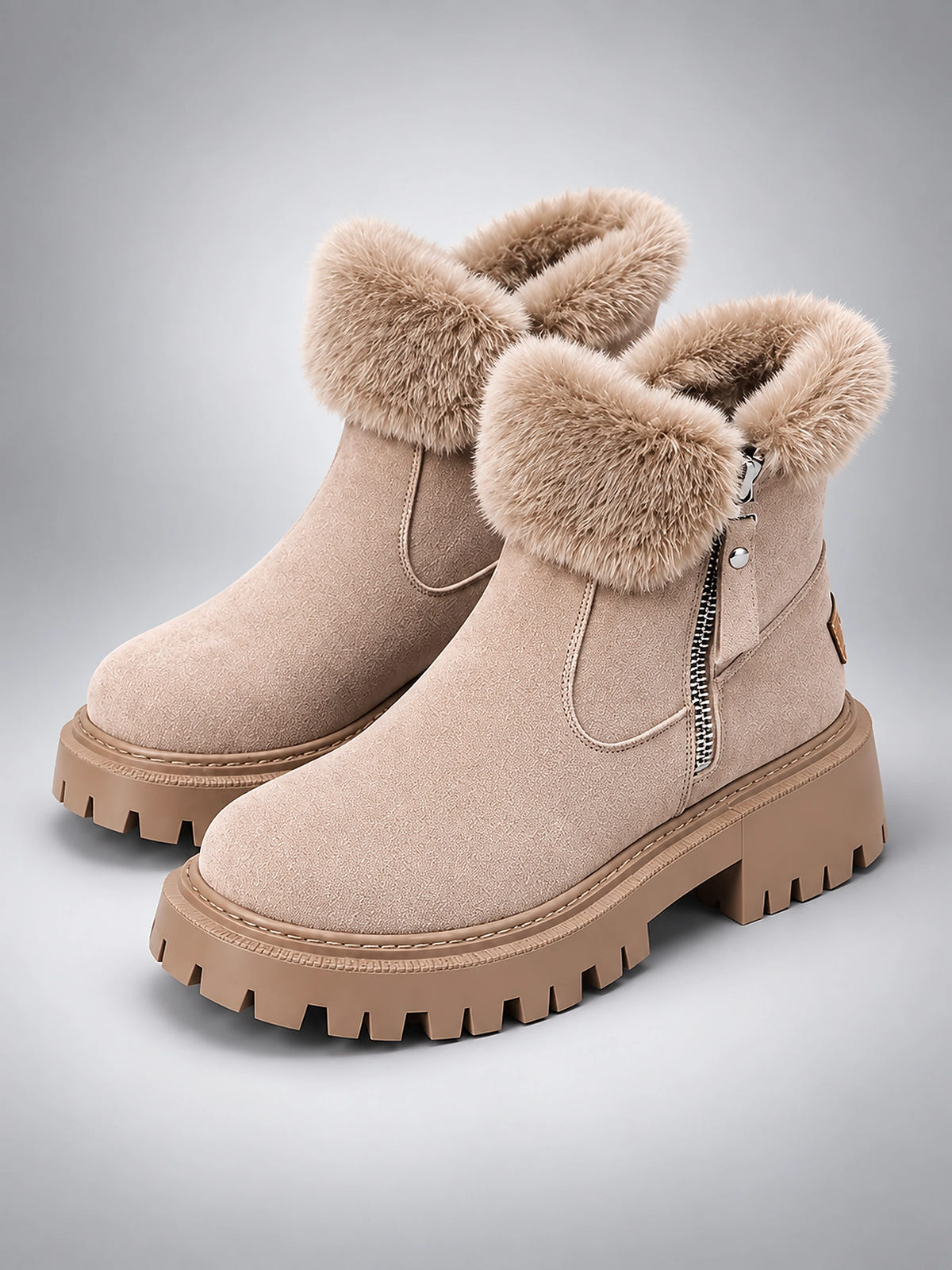 Women's Lug Sole Ankle Boots – Fur-Trim Collar - Beige