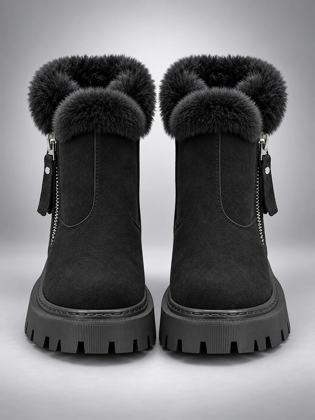 Women's Lug Sole Ankle Boots – Fur-Trim Collar - Black