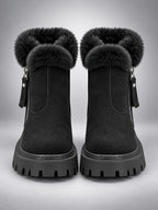 Women's Lug Sole Ankle Boots – Fur-Trim Collar - Black