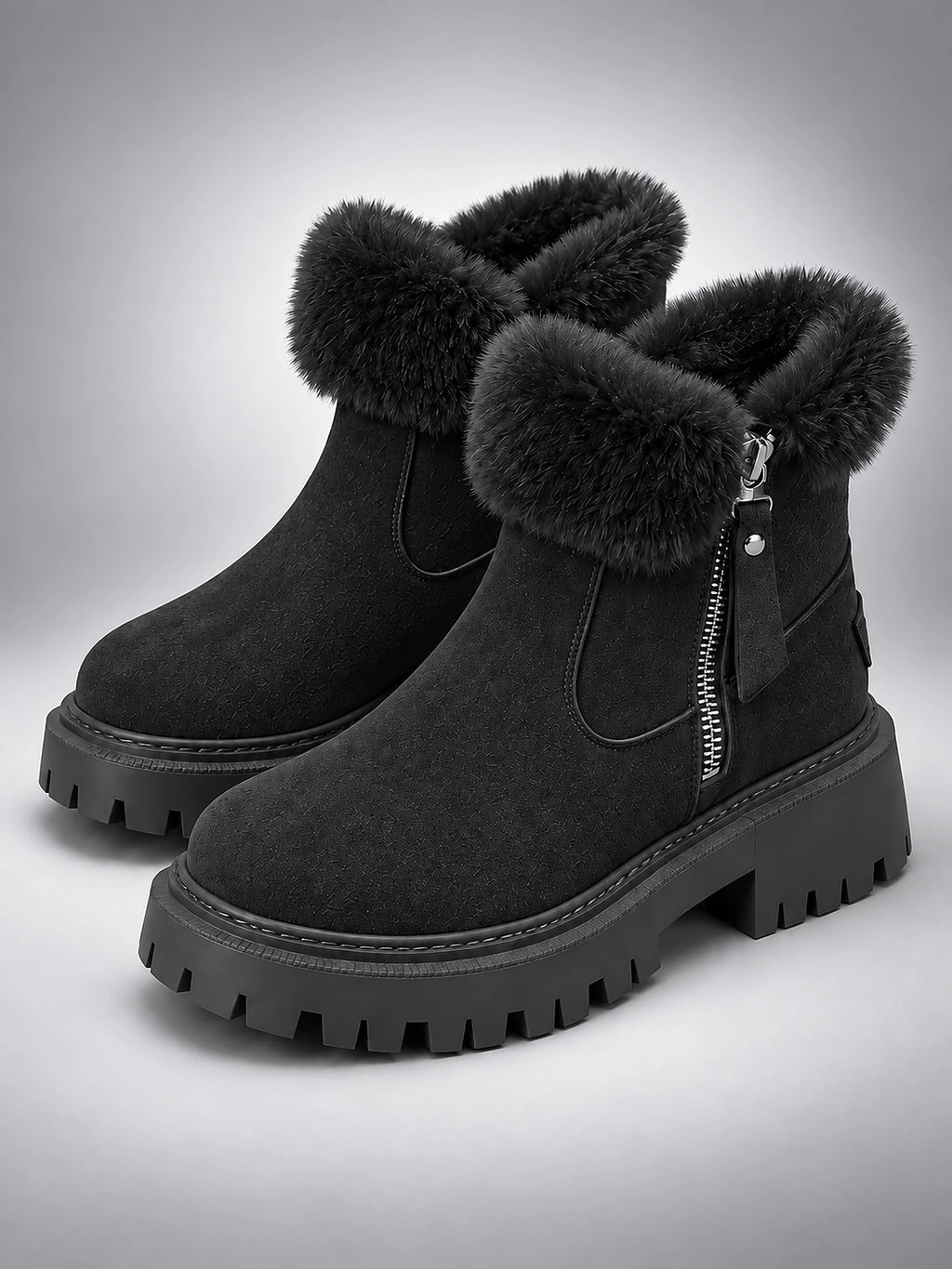 Women's Lug Sole Ankle Boots – Fur-Trim Collar - Black