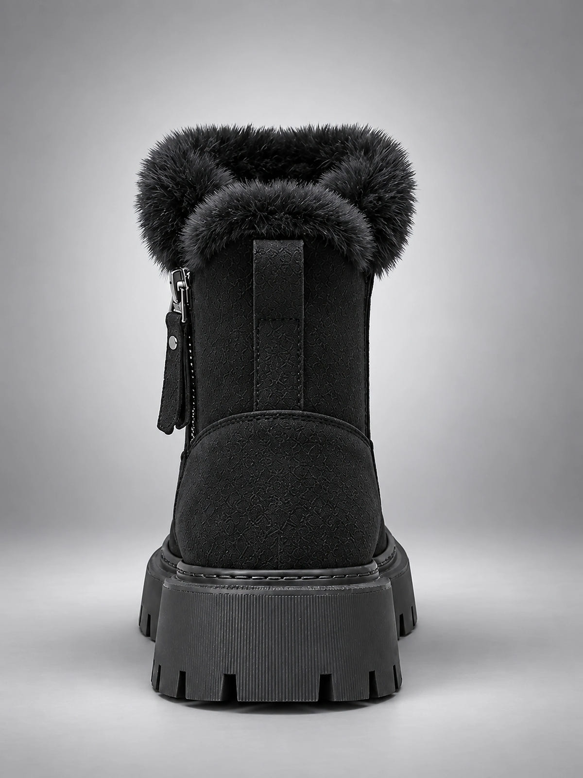Women's Lug Sole Ankle Boots – Fur-Trim Collar - Black