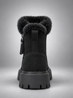 Women's Lug Sole Ankle Boots – Fur-Trim Collar - Black