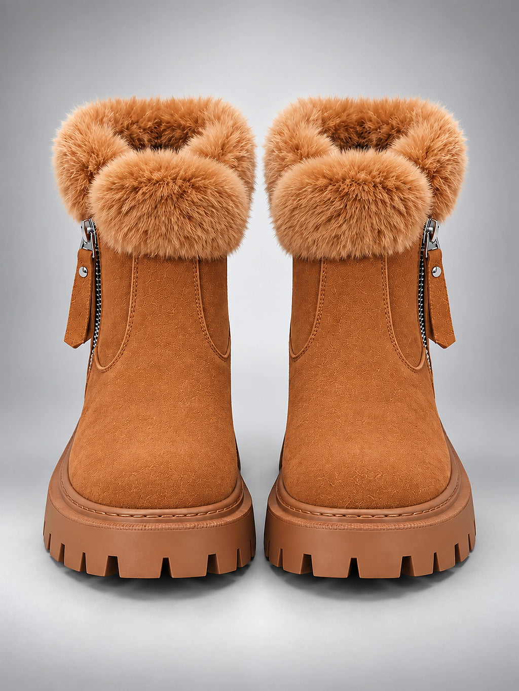 Women's Lug Sole Ankle Boots – Fur-Trim Collar - Chestnut
