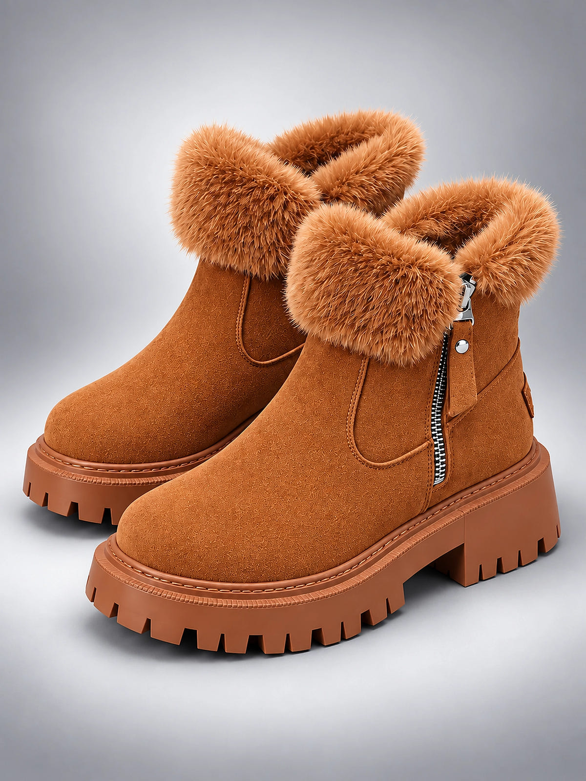 Women's Lug Sole Ankle Boots – Fur-Trim Collar - Chestnut