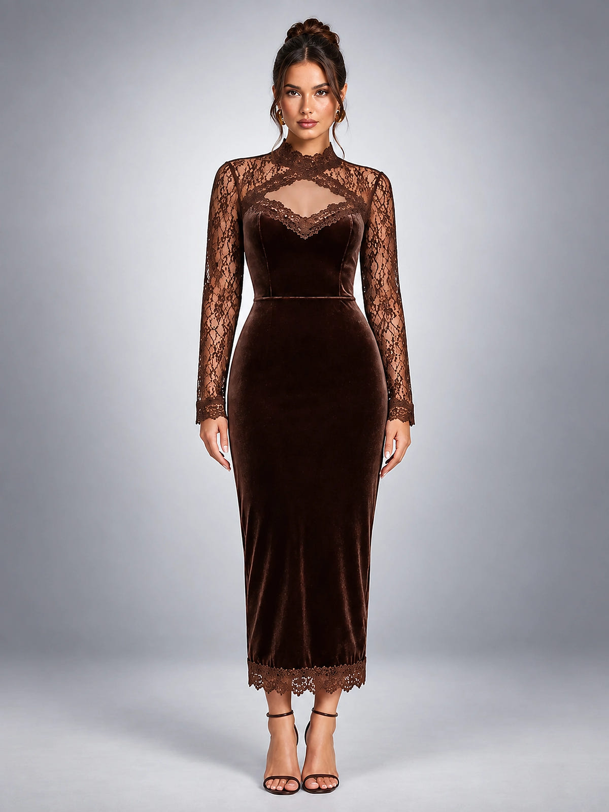 Women's Lace Yoke Midi Dress – Velvet Finish - Chocolate Brown