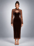 Women's Lace Yoke Midi Dress – Velvet Finish - Chocolate Brown