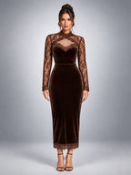 Women's Lace Yoke Midi Dress – Velvet Finish - Chocolate Brown