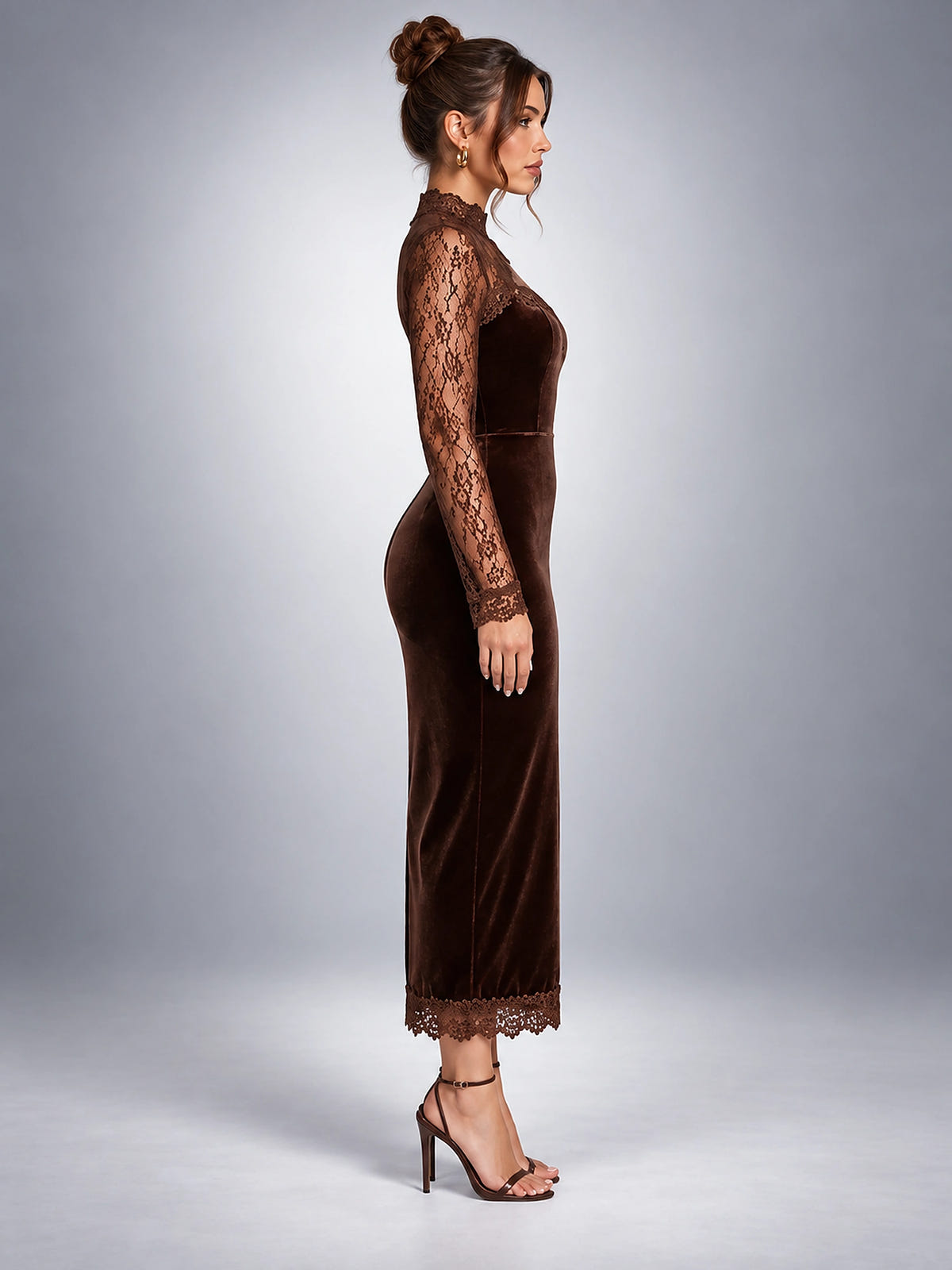 Women's Lace Yoke Midi Dress – Velvet Finish - Chocolate Brown