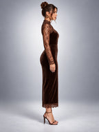 Women's Lace Yoke Midi Dress – Velvet Finish - Chocolate Brown