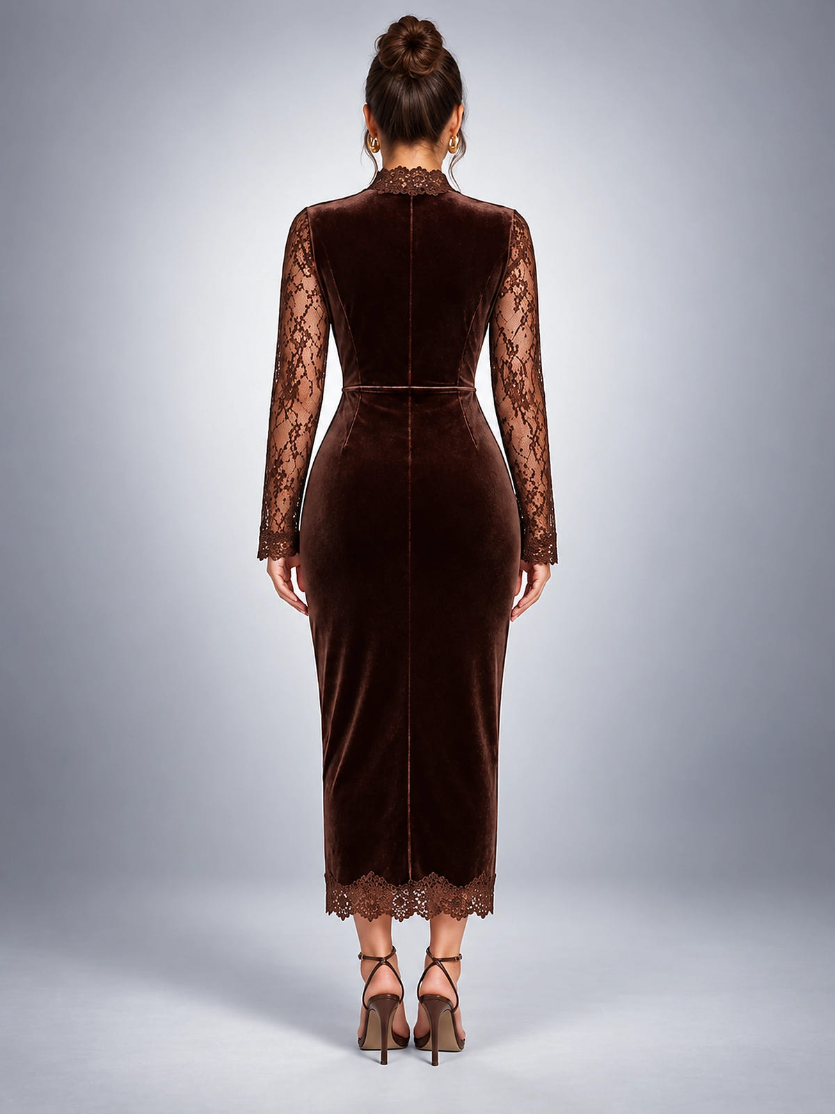 Women's Lace Yoke Midi Dress – Velvet Finish - Chocolate Brown