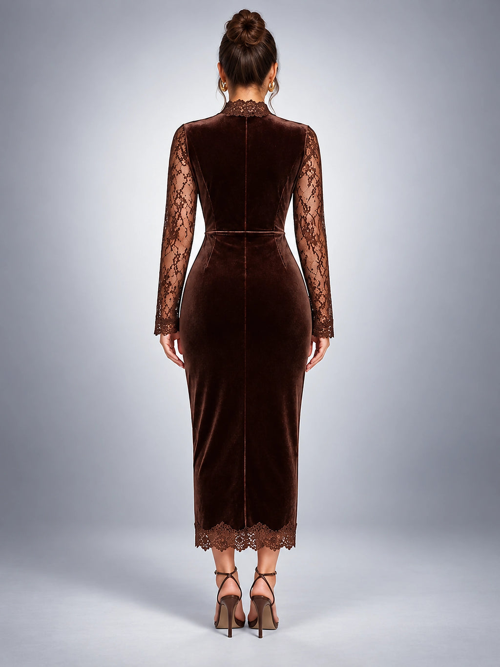 Women's Lace Yoke Midi Dress – Velvet Finish - Chocolate Brown