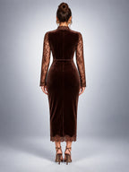 Women's Lace Yoke Midi Dress – Velvet Finish - Chocolate Brown