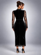 Women's Lace Yoke Midi Dress – Velvet Finish - Black