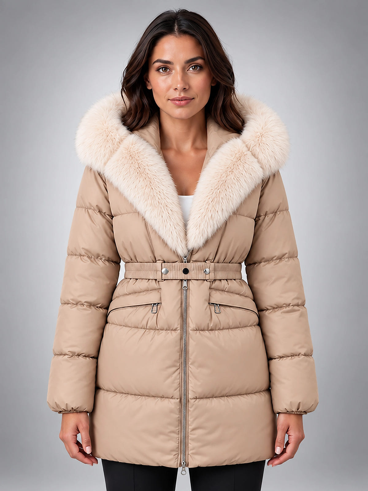 Women's Puffer Jacket – Belted with Faux Fur Collar - Beige
