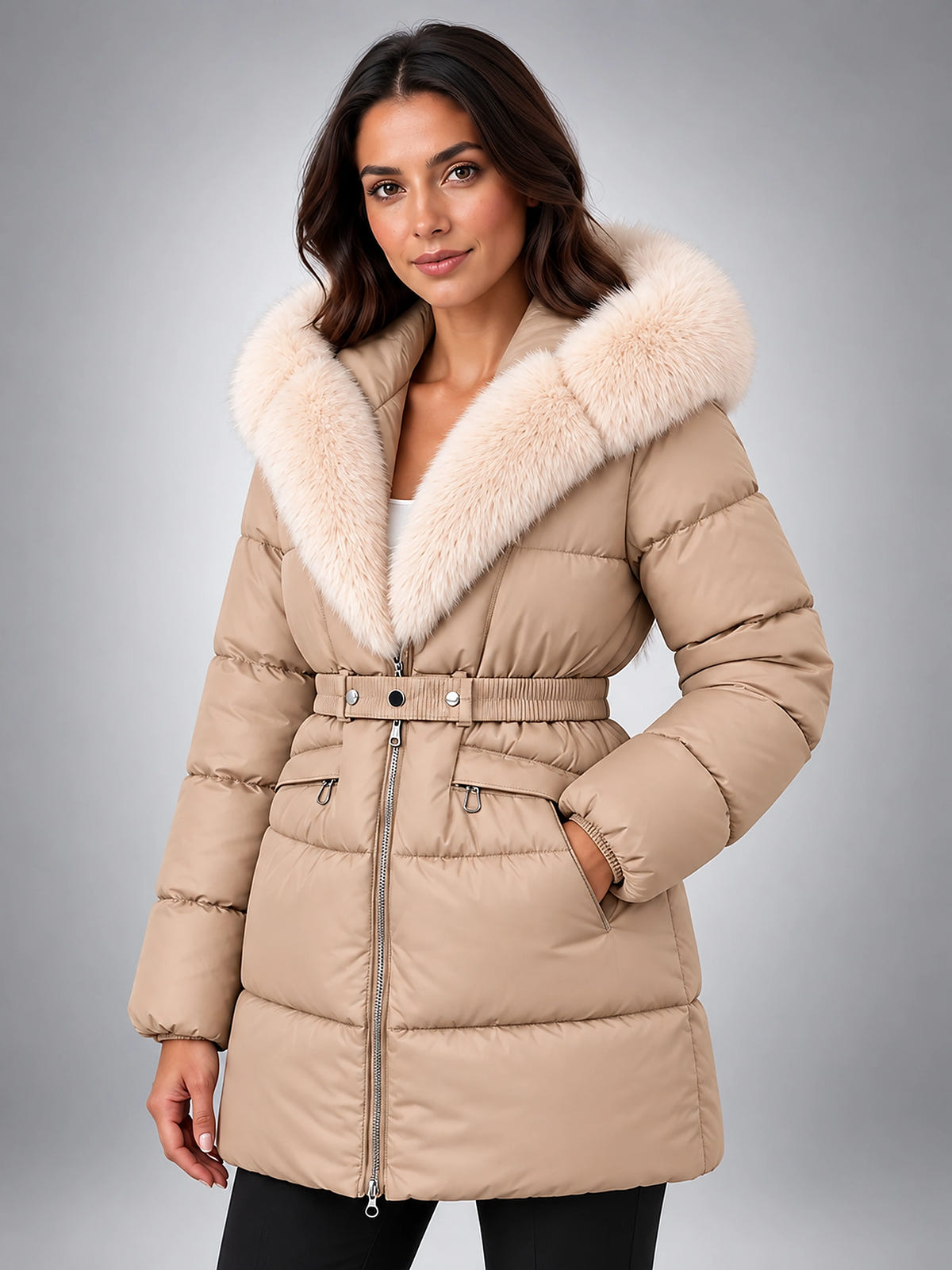 Women's Puffer Jacket – Belted with Faux Fur Collar - Beige