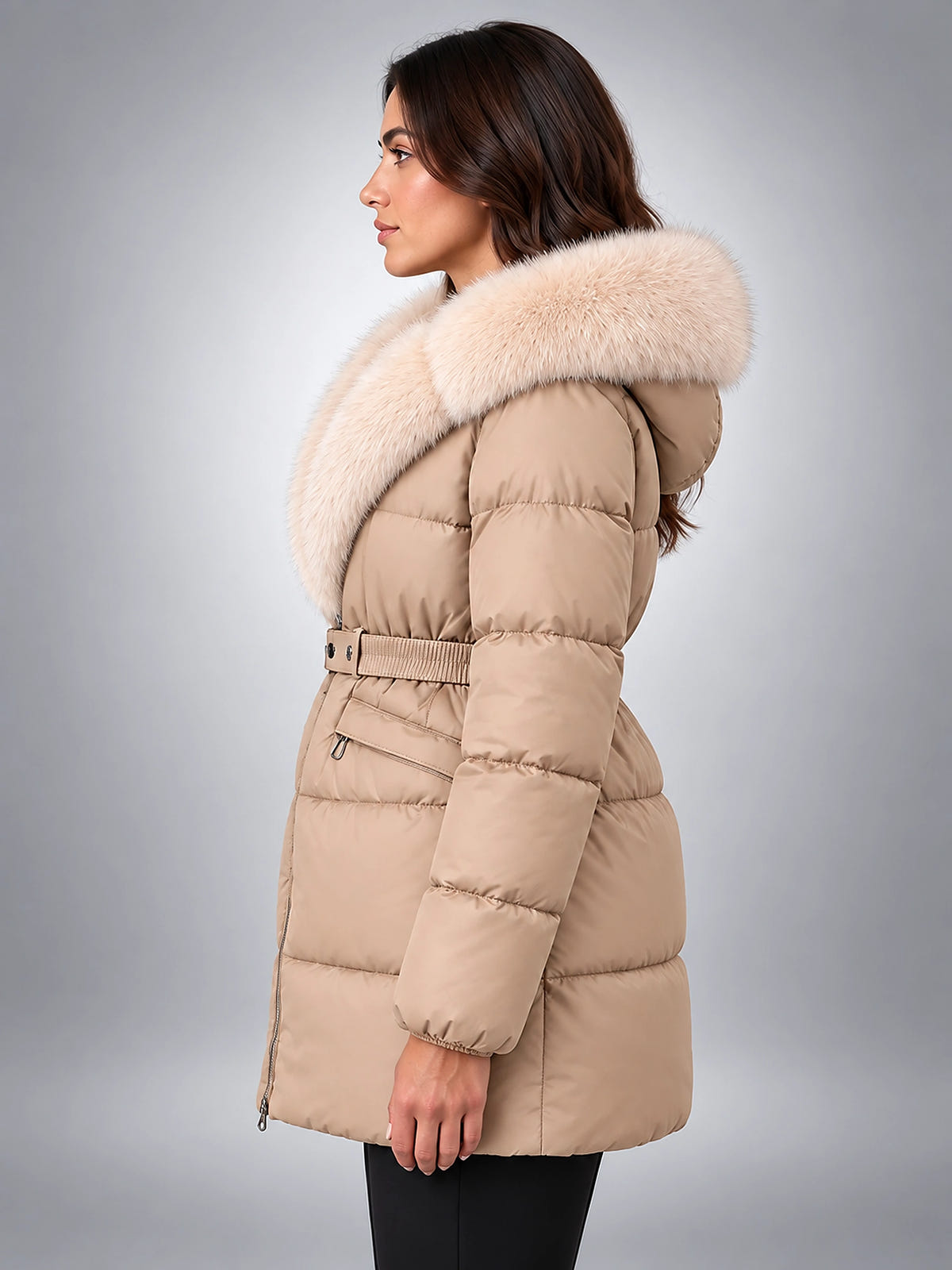 Women's Puffer Jacket – Belted with Faux Fur Collar - Beige