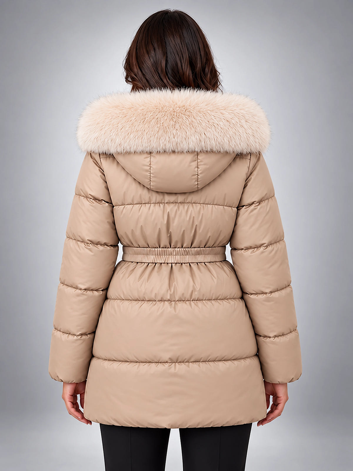 Women's Puffer Jacket – Belted with Faux Fur Collar - Beige