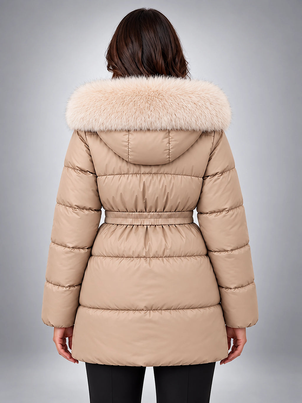 Women's Puffer Jacket – Belted with Faux Fur Collar - Beige