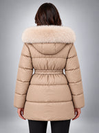 Women's Puffer Jacket – Belted with Faux Fur Collar - Beige