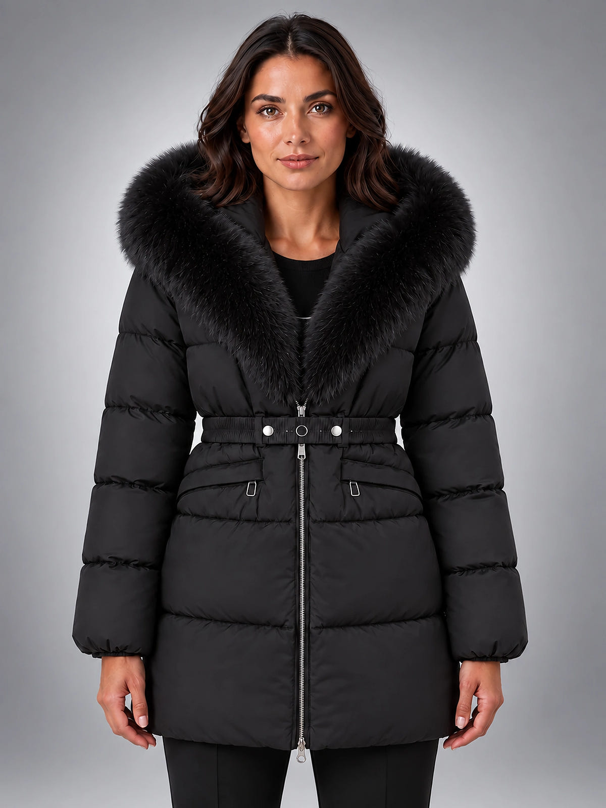 Women's Puffer Jacket – Belted with Faux Fur Collar - Black