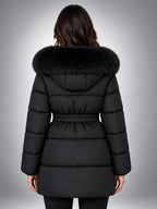 Women's Puffer Jacket – Belted with Faux Fur Collar - Black