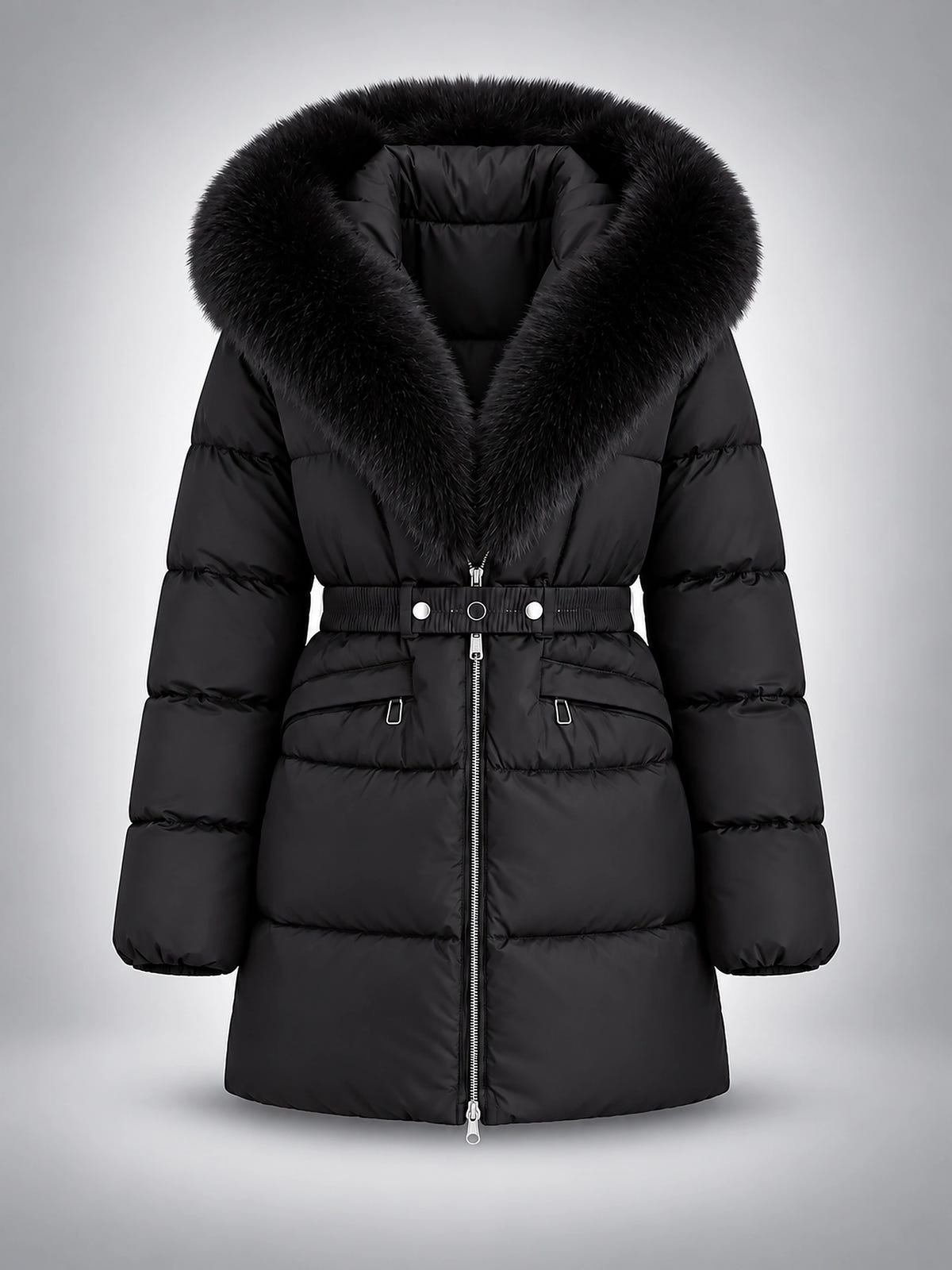Women's Puffer Jacket – Belted with Faux Fur Collar - Black