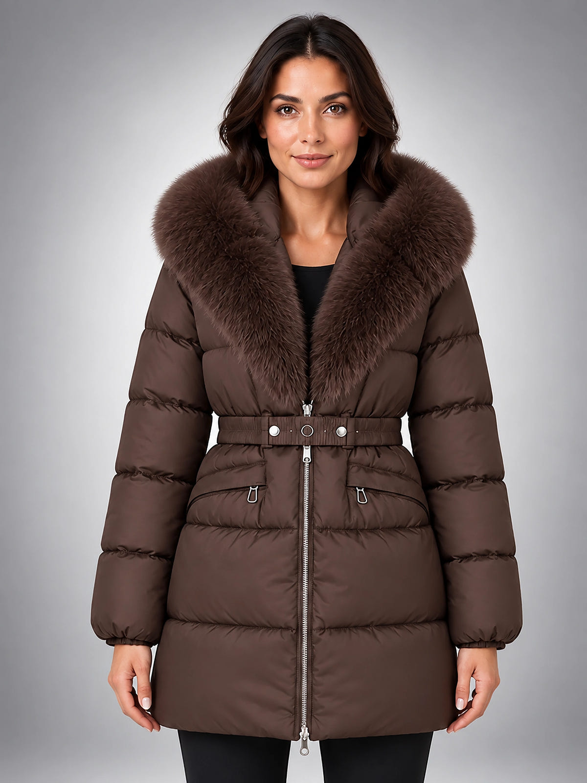 Women's Puffer Jacket – Belted with Faux Fur Collar - Dark Brown