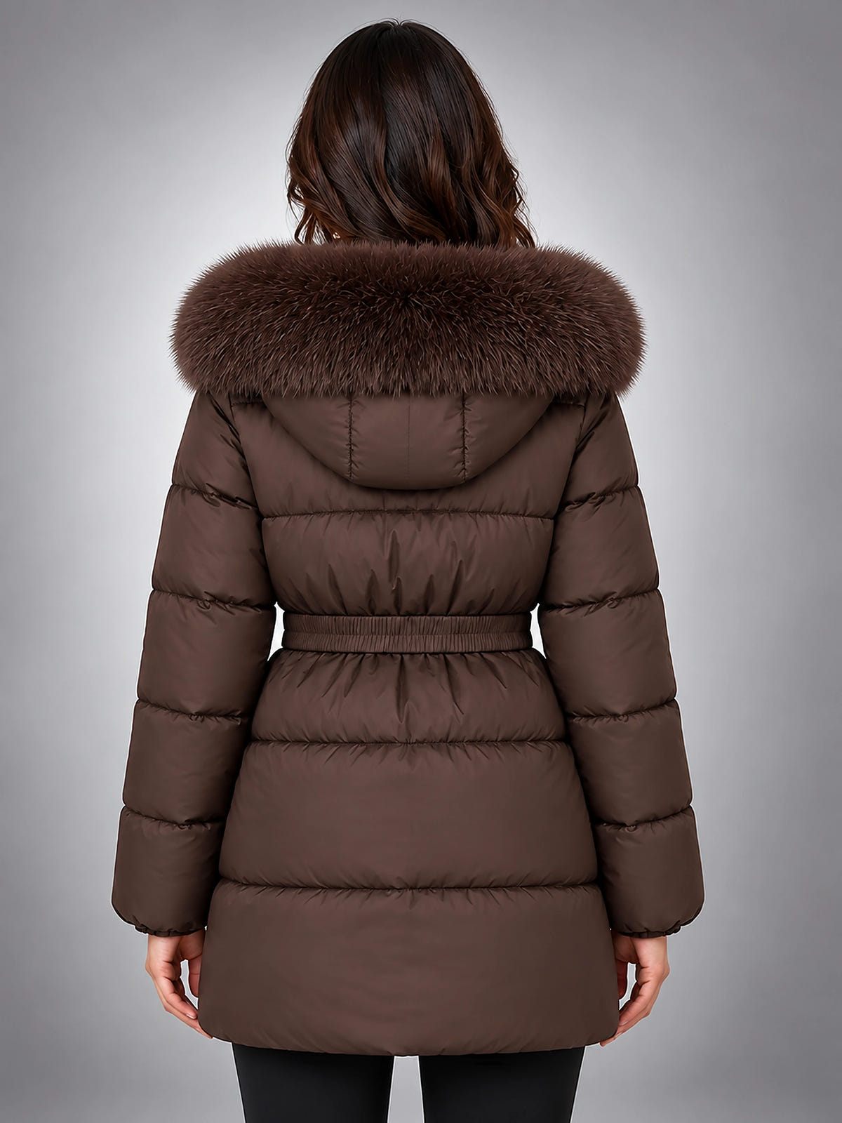 Women's Puffer Jacket – Belted with Faux Fur Collar - Dark Brown